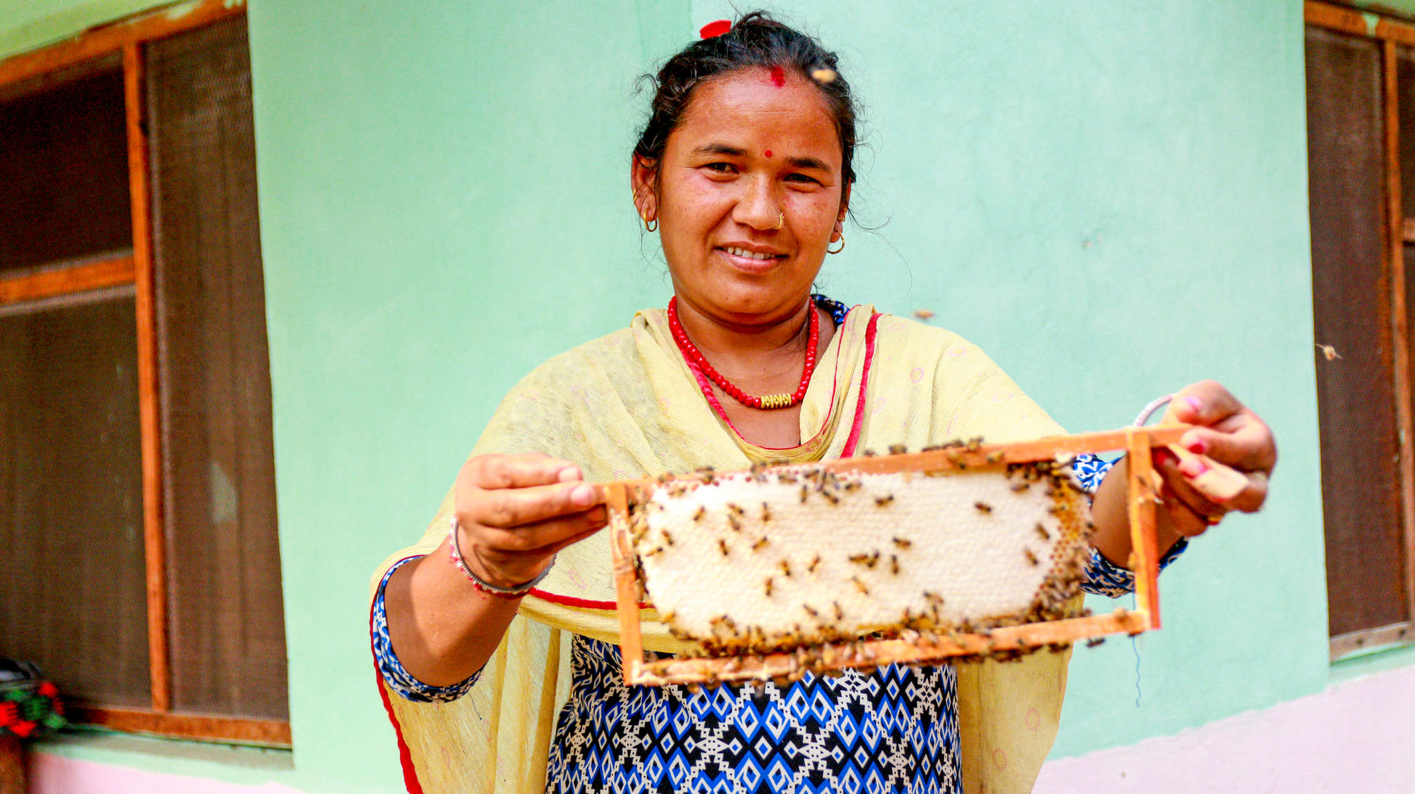 A person holding a honeycomb.