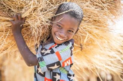 Boy carries grass on a steep hillside near ale, ethiopia