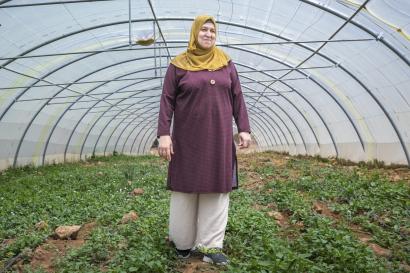 Jordanian woman standing amidst growing plants in greenhouse.