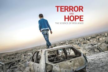 A young person walks on the roof of a destroyed vehicle among the rubble of a destroyed city with the documentary title floating overhead reading terro and hope, the science of resilience.
