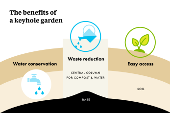 The benefits of a keyhole garden graphic.