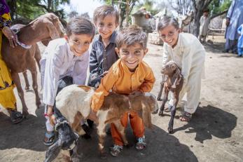 Children posing for the camera with with their family’s goats.