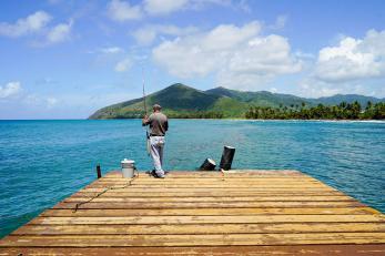 A person fishing from a dock.