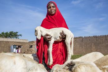 Jummai Abdullahi holding a goat and surrounded by more goats