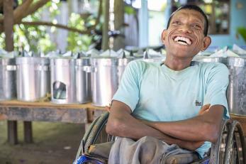 Frederico, 36, builds clean cookstoves in a small business Mercy Corps supports on the island of Timor-Leste. “All disabled people have their own capacity, their own knowledge where they can do something,” he says. Photo: Ezra Millstein/Mercy Corps