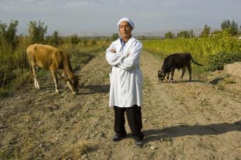 man standing in farm field with livestock