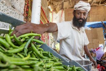 A bearded man reaching into a crate of green beans
