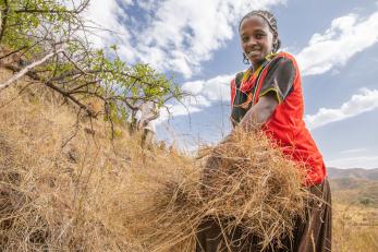 An adult smiles for the camera while cutting grass on a hill in Ethiopia.