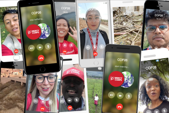 Mercy Corps team members appearing on mobile phone screens