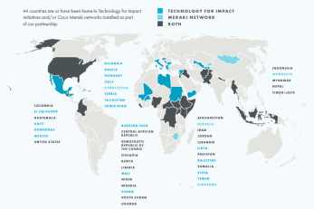 A map of the world showcasing counties that have been home to technology for impact initiatives. 