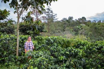 A land owner and farmer stand on their property in Colombia.
