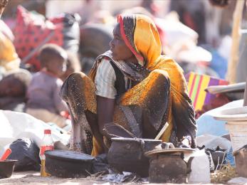 Families displaced by violence live in makeshift shelters in Tawila, Sudan, near El Fasher, where conflict has worsened famine conditions as of April 2025.