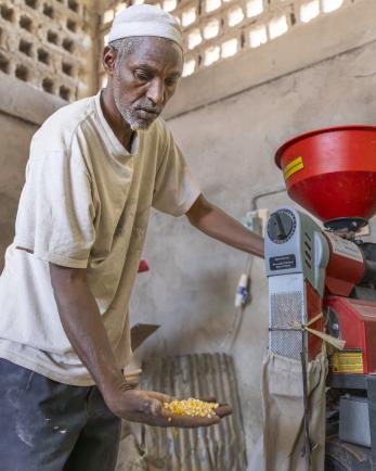 Ethiopian man mills maize.
