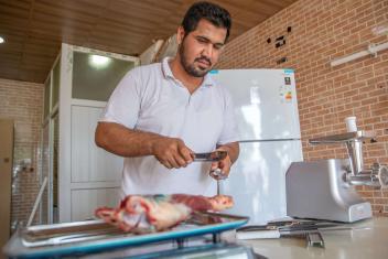 In 2014, Yasser Talib Muhammad and his family fled their hometown due to violence and resettled in Sulaymaniyah, Iraq. Yasser participated in one of our courses for entrepreneurs and received a grant to open his own butcher shop to support his wife and son.