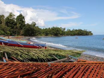 Coastline in the maluku islands with small boats lining the shore