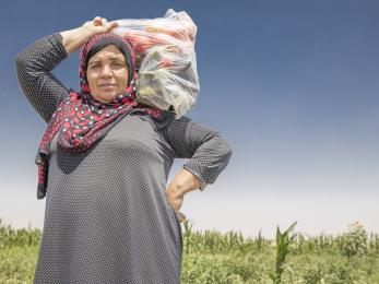 A woman in syria carries a plastic bag filled with vegetables on her shoulder