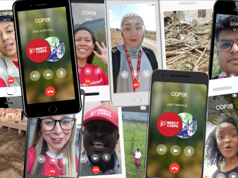 Mercy corps team members appearing on mobile phone screens