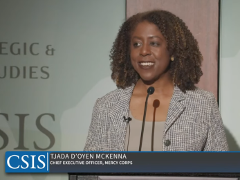 Mercy Corps, CEO Tjada D’Oyen McKenna speaking at the CSIS forum.